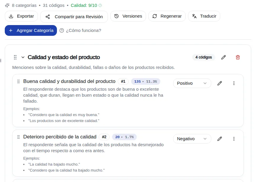 Codebook tab with categories, codes, definitions, examples and the Export, Share for review, Versions, Regenerate and Translate buttons