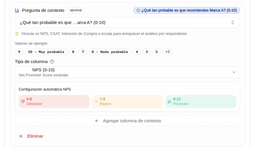 Context question linked to an NPS 0-10 column with the automatic detractor, passive and promoter setup