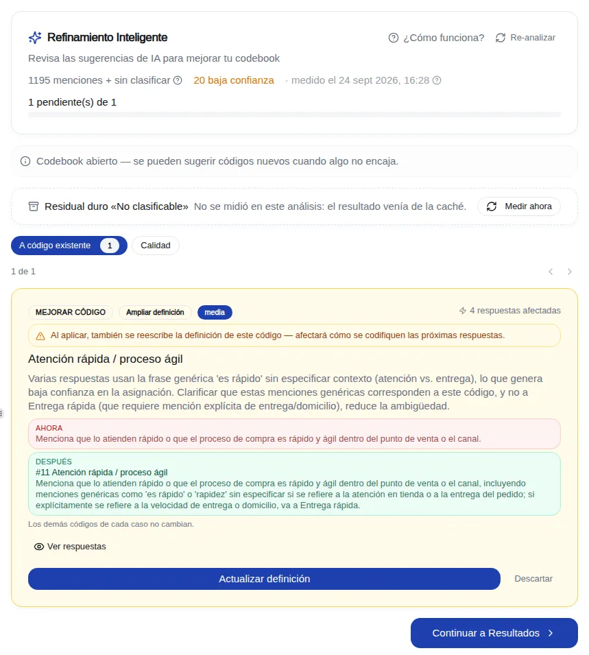 Smart Refinement with an Expand definition suggestion showing the current and the proposed definition