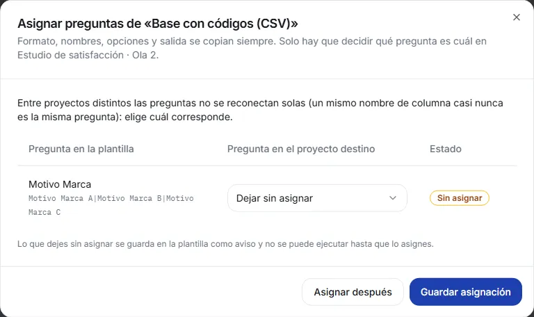 Assign questions dialog with the template question, the target project question and its status