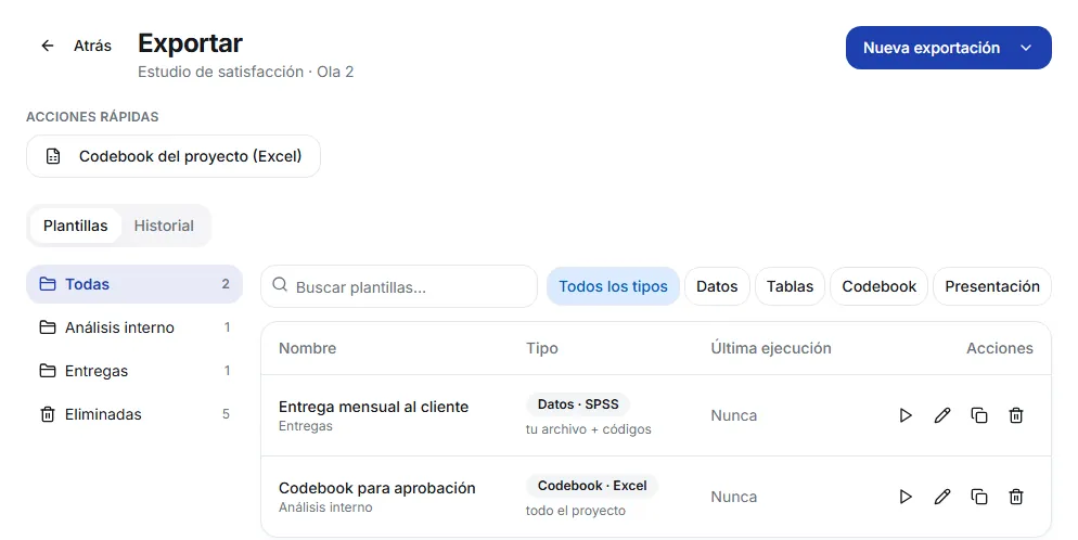 Export screen with the New export button, the Project codebook quick action and the Templates tab with saved templates