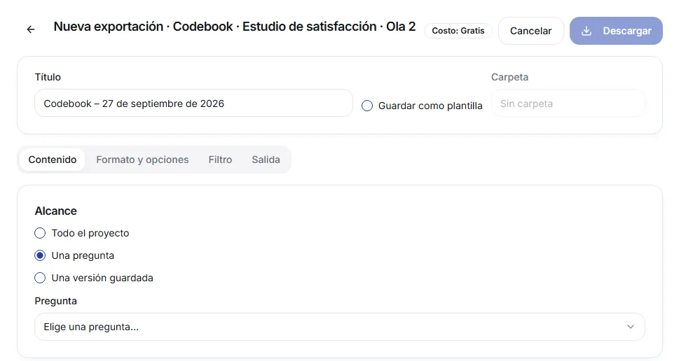 Codebook editor with the scope options: whole project, one question or a saved version