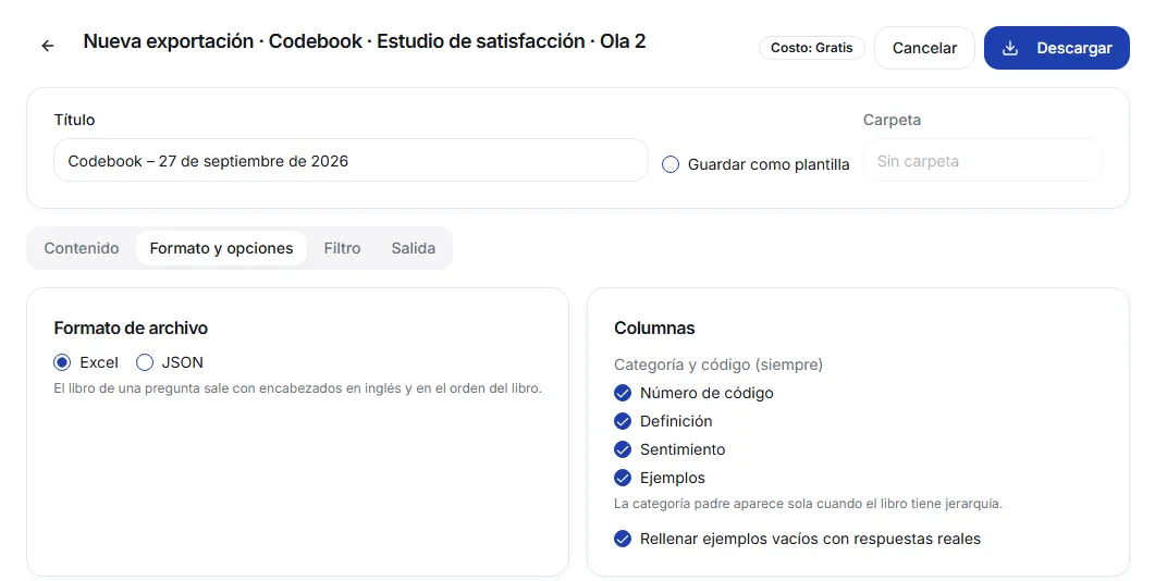 Codebook Format and options tab with Excel or JSON and the columns to include