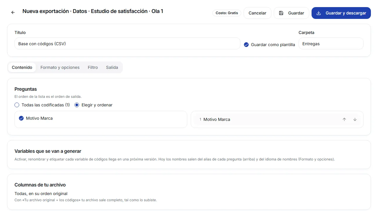 Content tab with the list of questions and the output order