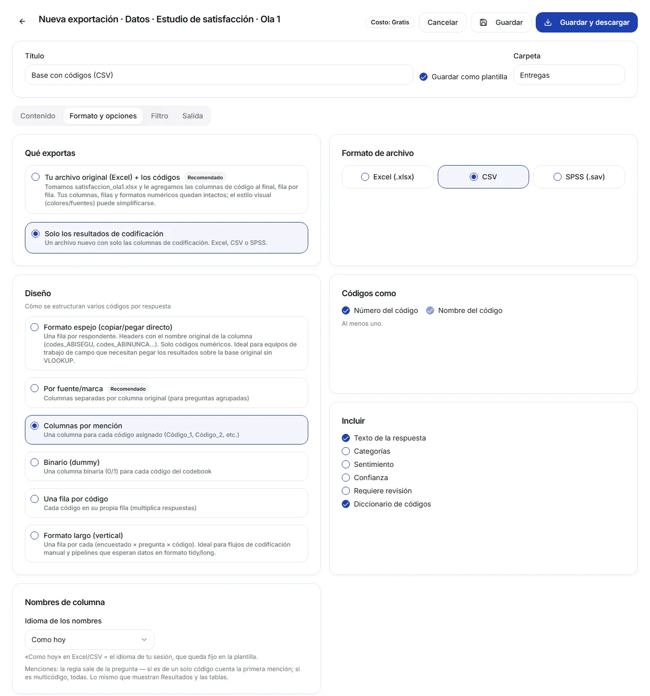 Format and options tab with What you export, File format, Layout, Codes as, Include and Column names