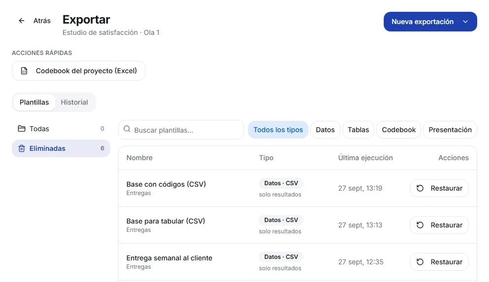 Deleted folder with a Restore button on each template