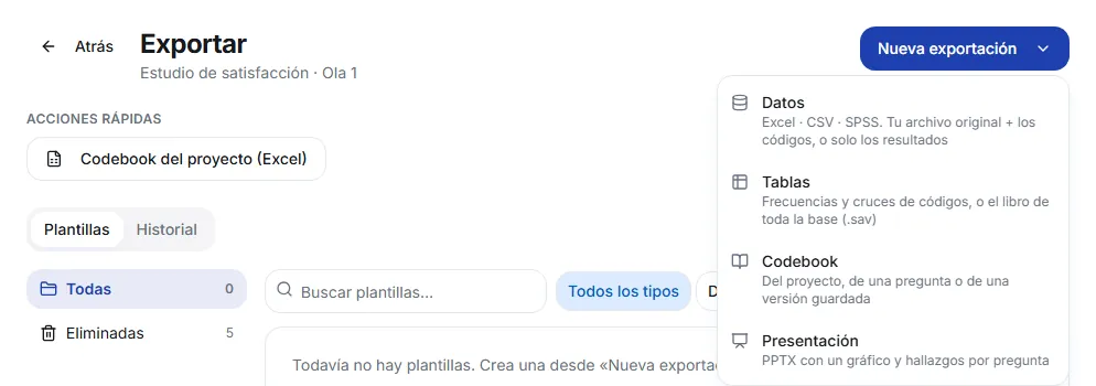 New export menu open with the Data, Tables, Codebook and Presentation options