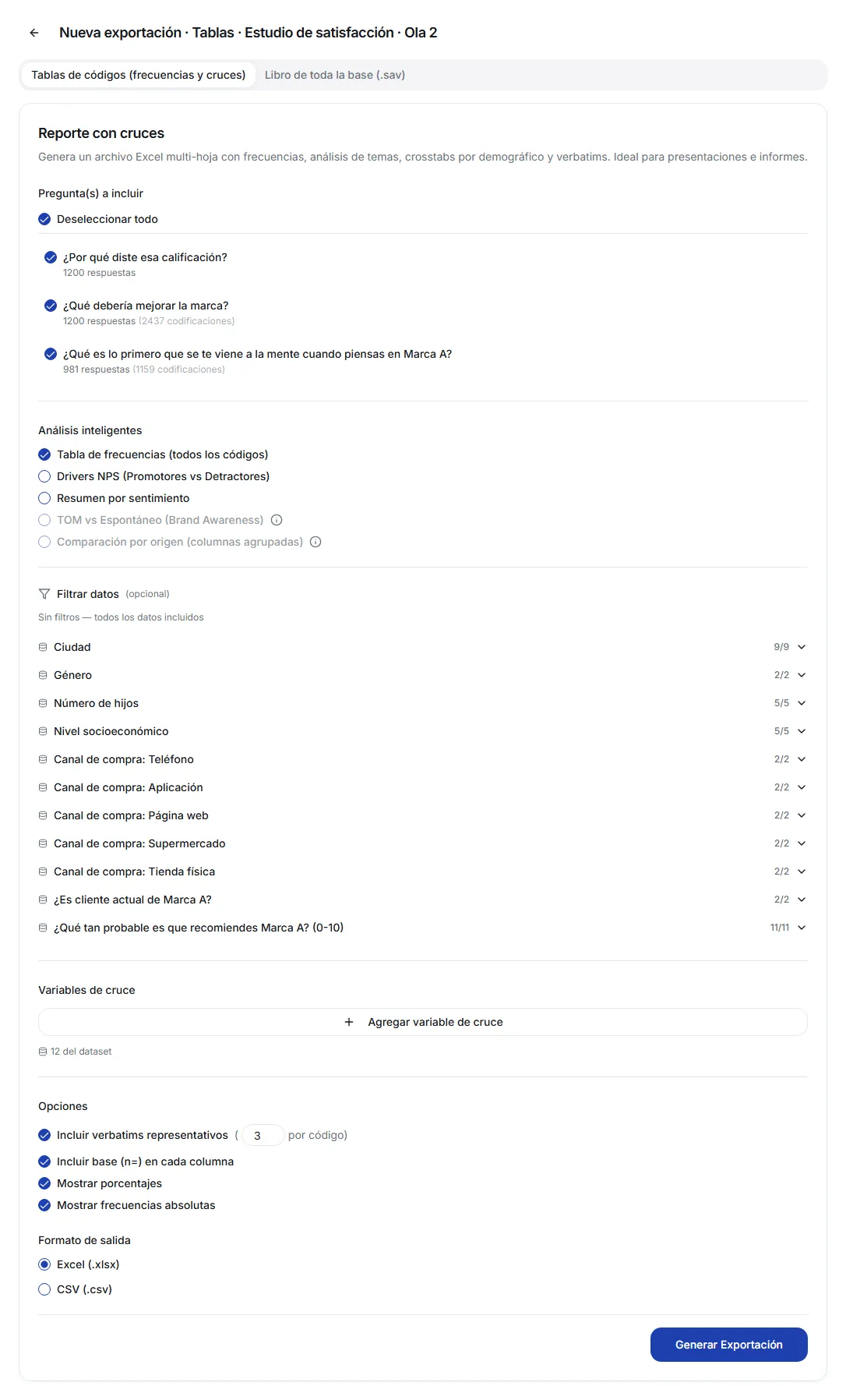 Tables screen with the questions to include, the analyses, the optional filter and the banner variables